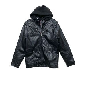 Urban Republic Black Zip Faux Leather Motorcycle Jacket Hood Kids Medium 10/12